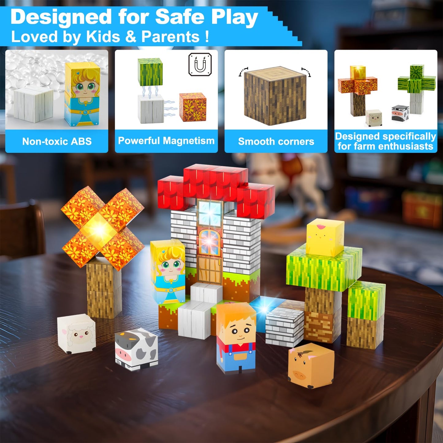 Aywewii Magnetic Blocks 45 PCS Travel Toys for Kids Ages 3-5, Toddler Magnetic Building Cubes STEM Learning Set with Iron Case - Portable Building Toys Gift for Boys and Girls (Farm Edition 1)