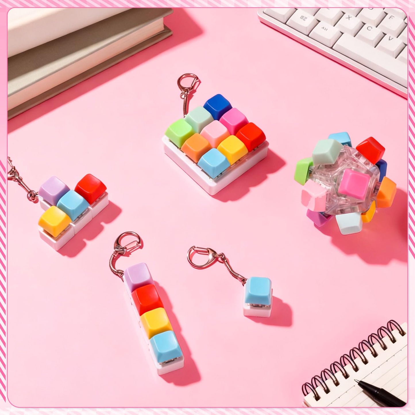Halloscume 5 Pcs Keyboard Adult Fidget Clicker in 5 Styles Keyboard Fidget Keychain Cube Mechanical Key Button Clicker Stress Relief Gift for Office Home Pass Time(Candy Colors)