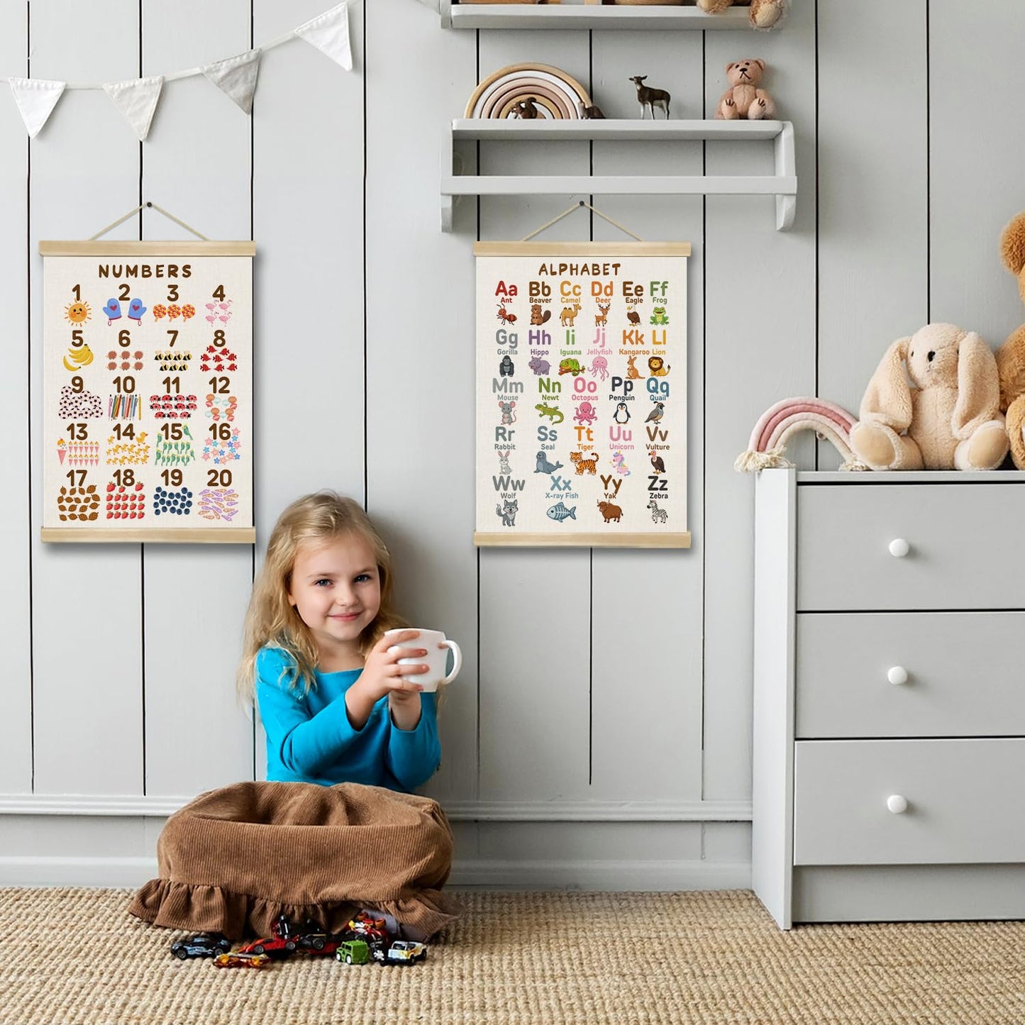 Alphabet Numbers Wall Art Poster Set of 2 ,Boho Educational Canvas Posters for Classroom,1-6 Toddlers ABC and 1-20 Number Learning Banner for Preschool Nursery Playroom,Kids Room Decor 14x18.5 Inch