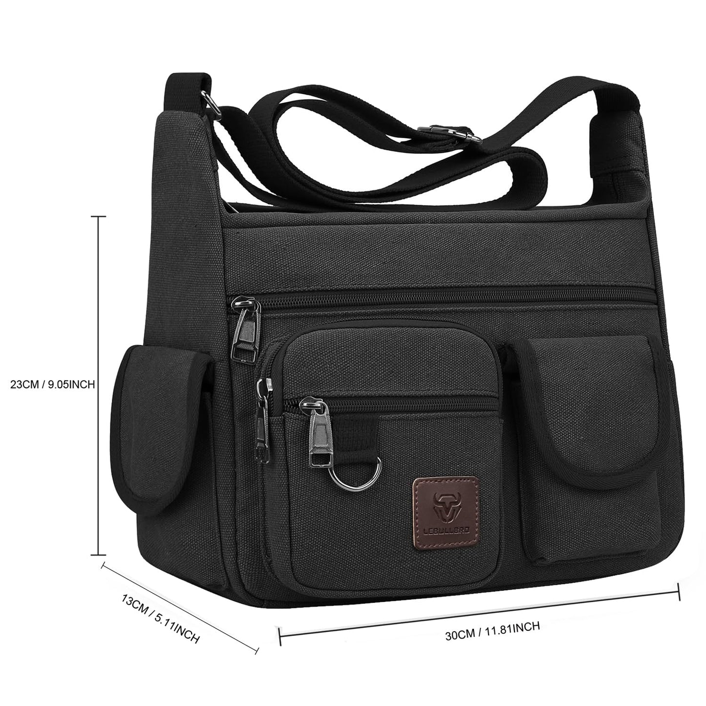LEBULLBRO Canvas Shoulder Bag for Mens Multi-pockets 13 inch Laptop Messenger Bag Sling Bags School Crossbody Bags Travel (Black)