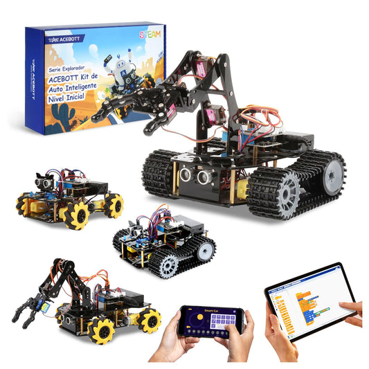 Robotics for Kids Ages 12-16, ACEBOTT 4 in 1 Smart Robot Arm with 5DOF + Tank Car, STEM Toys Coding Kit Compatible with Arduino & Scratch, App & Remote Control, for Kids & Teens