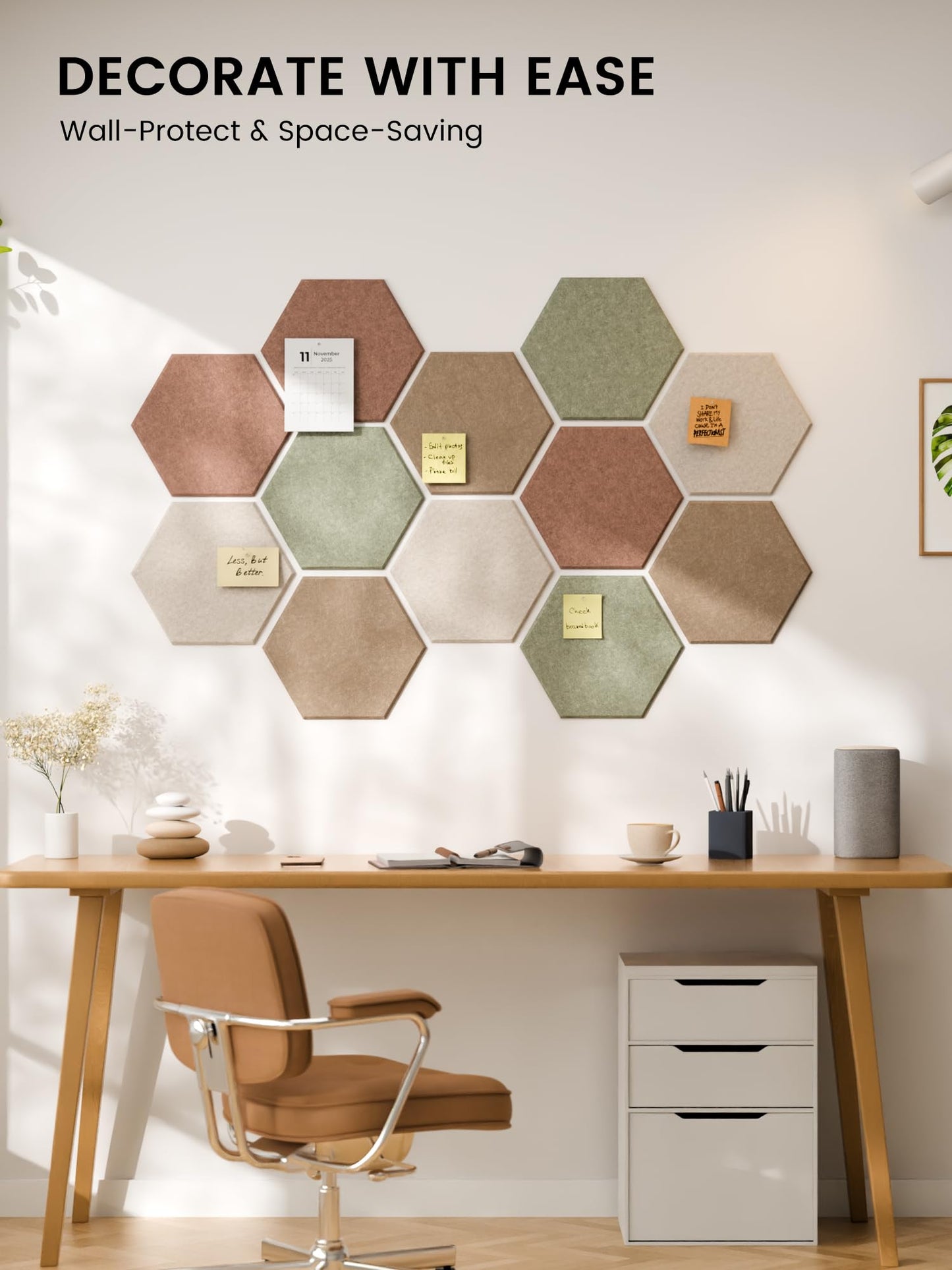 Fluxynara Hexagon Cork Board Alternative for Walls Decor-12-Pack Felt Bulletin Board Tiles,with 30 Pushpins,70 Adhesive Tabs for Office,Classrooms & Home Pin Board Felt Board-Boho