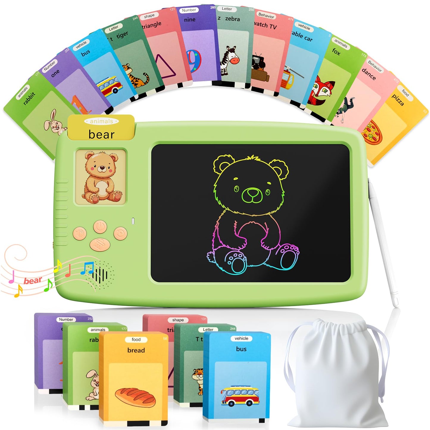 ZONSTVYS Talking Flash Cards for Toddlers: 2-in-1 LCD Writing Tablet with 510 Sight Words, Montessori Language Learning, Autism & Speech Therapy Toys for Children Ages 1-6, Green
