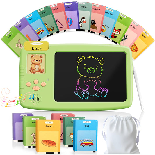 ZONSTVYS Talking Flash Cards for Toddlers: 2-in-1 LCD Writing Tablet with 510 Sight Words, Montessori Language Learning, Autism & Speech Therapy Toys for Children Ages 1-6, Green