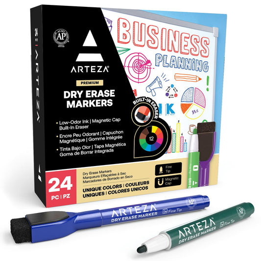 ARTEZA Fine Tip Dry Erase Markers with Erasers – 24-Pack Magnetic Whiteboard Pens, 12 Assorted Colors, Low-Odor Ink for Classroom, Office & Home
