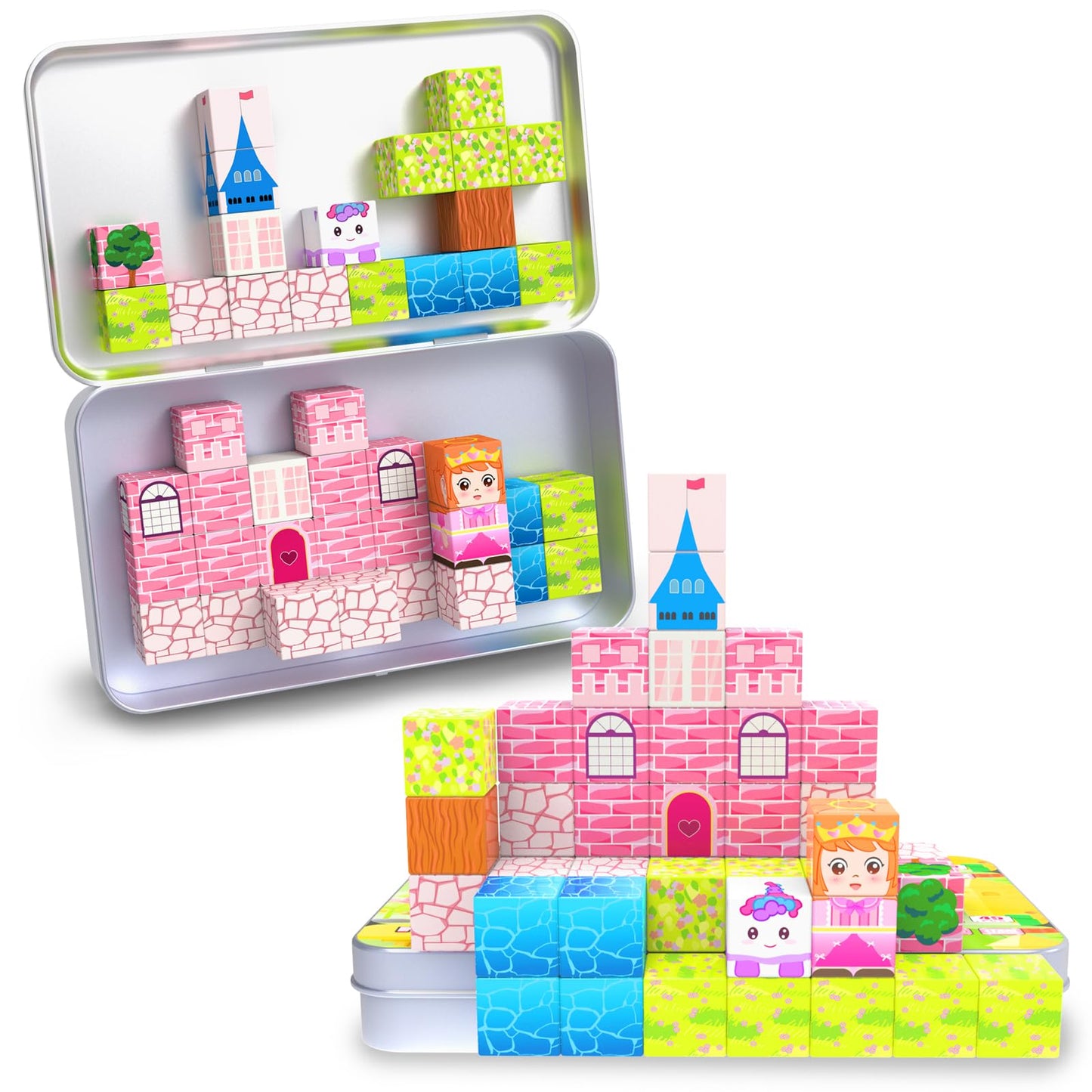 CEMECER Mini Magnetic Blocks for Kids, 45PCS Travel Magnetic Building Block Cubes with Iron Box, Princess Stacking Magnets Toys for Toddlers, Sensory Montessori Construction Toys.