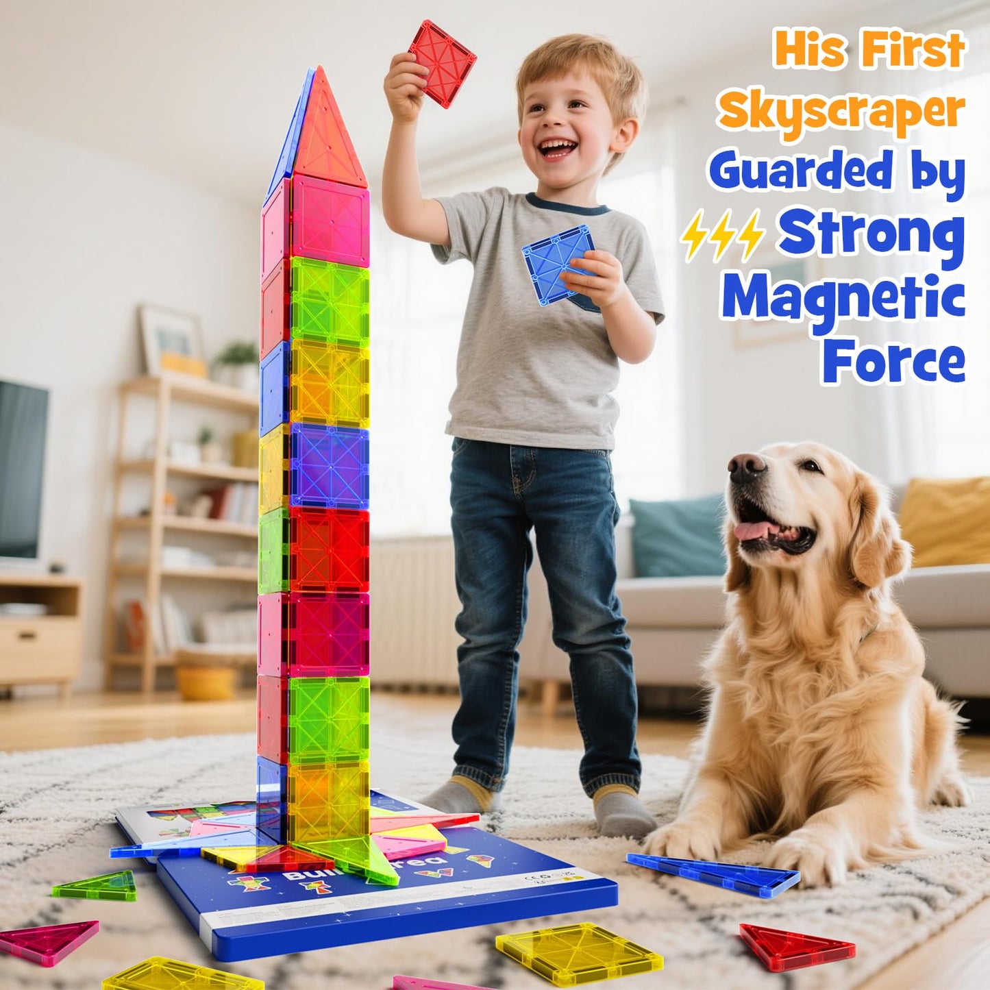 MEIQ Jumbo Magnetic Tiles with Secure Metal Case, 32 Pcs Large Magnetic Building Blocks for Kids 3-8, STEM Toys for Toddlers, Preschool Learning Montessori Toys, Age 3+ Boy Girl Gift