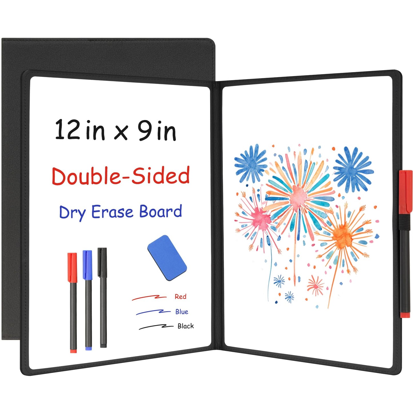 WALGLASS Double-Sided Small White Board Dry Erase, 12'' x 9'' Portable Reusable Whiteboard Notebook, Foldable Mini Handheld Board for Student Practice, Home, School, Office, Travel - Black PU Leather