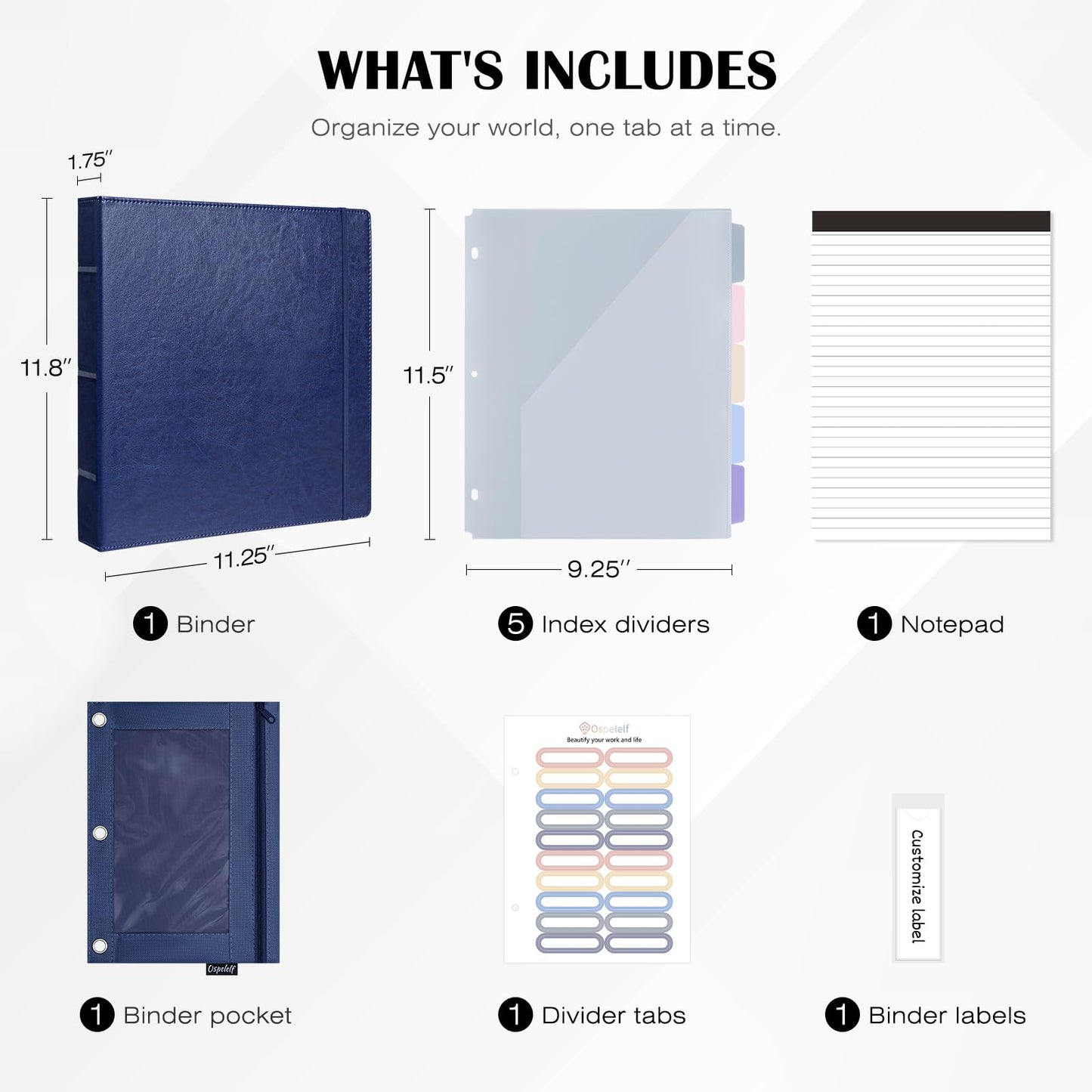 Ospelelf Leather 3 Ring Binder for Letter Size Documents with Durable Pocketed Dividers, Storage Bag & Notepad, 1 Inch Round Rings, Holds 175 Sheets, for Office School Home Organization, Deep Blue