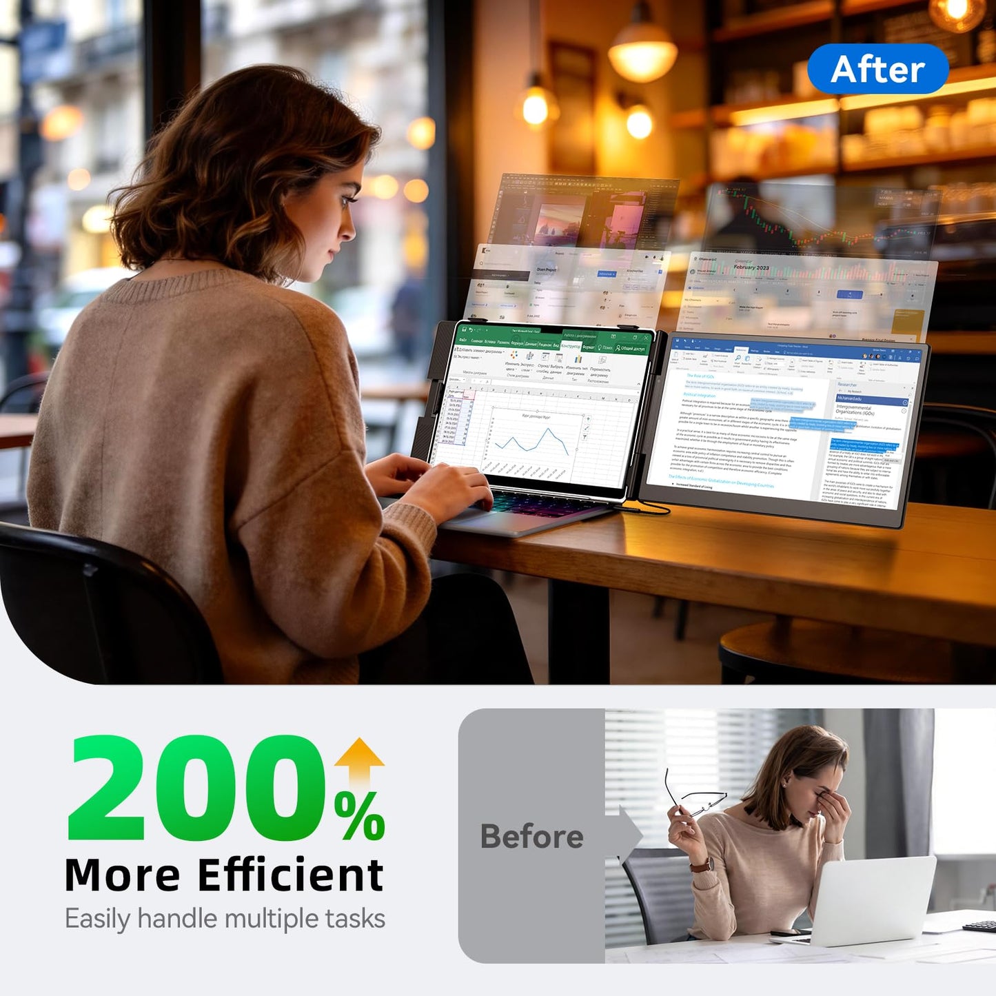 DZVW Laptop Screen Extender 14", FHD 1080P Portable Monitor for Laptop, Light Monitor Extender Plug&Play, IPS Display Computer Monitor for Laptop 13-17” (Screen Length: 11.81"-16.14") for Travel Work