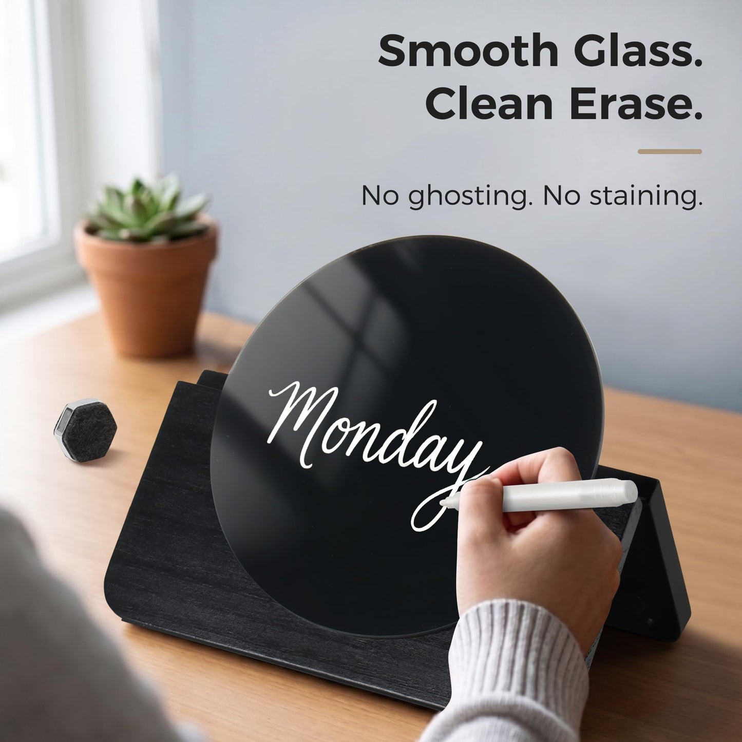 TOWON Glass Desktop Whiteboard with Solid Wood Stand - Foldable Mini Dry Erase Board for Desk - 2-in-1 Tabletop & Hanging Memo Board for Office Decor, Magnetic, Black and Round