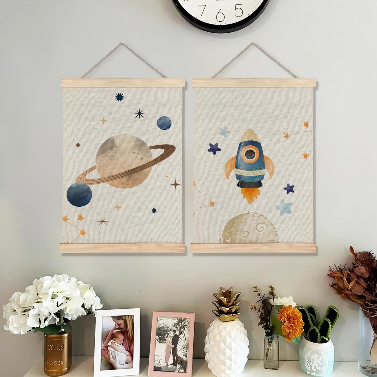 BearCake Space Nursery Decor, Solar System Rocket Wall Art Poster Hanger Frame, Space Canvas Prints Framed Wall Decor for Classroom Toddler Boys Room Nursery Playroom, 12x16 Inch Set of 2