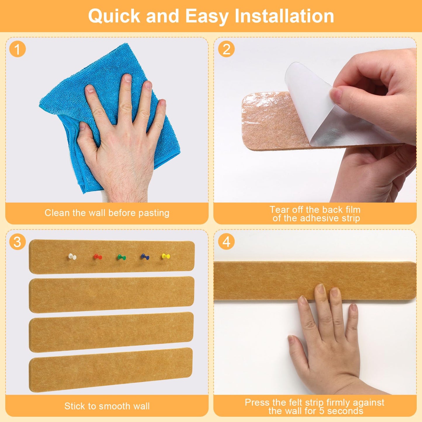 Fushing Cork Boards Felt Bulletin Boards, 13"x2" Pin Boards with Push Pins, Self-Adhesive, No-Drill Wall Mount Pin Boards for Classroom, Office, Home, Dorm, Bedroom Door (18)