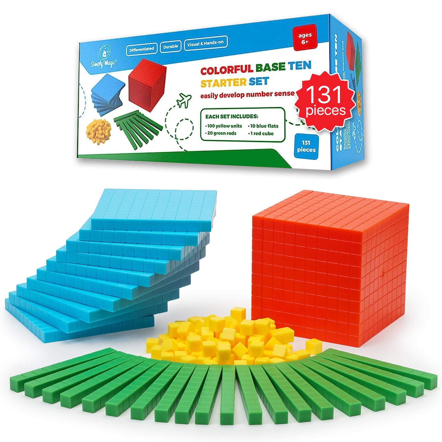 Simply magic 131 PCS Base Ten Blocks for Math - Place Value Blocks, Base 10 Math Manipulatives K-3, Math Counters, Number Blocks, Math Cubes for Kids, Counting Blocks - Kindergarten 1st 2nd 3rd Grade