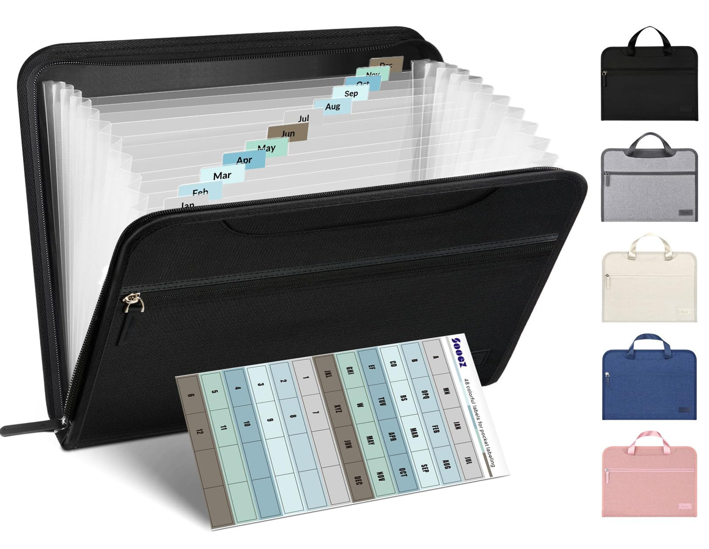 Sooez Heavy Duty Accordion File Organizer with Hidden Handle, Portable 12 Pockets Expanding File Folders, Cloth Monthly Bills Receipt Organizer for Letter/A4, School Classroom Home & Office Supplies