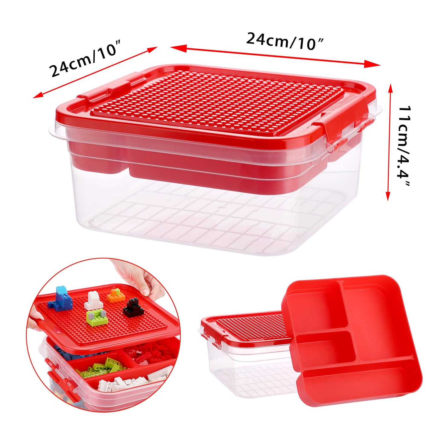 OGANAZI Plastic Storage Container with Bricks Baseplate Lid for Building Blocks, Bricks Building Set Organization Bin with Compartments Tray, Stackable Storage Box Building Block Chest Case (Red)
