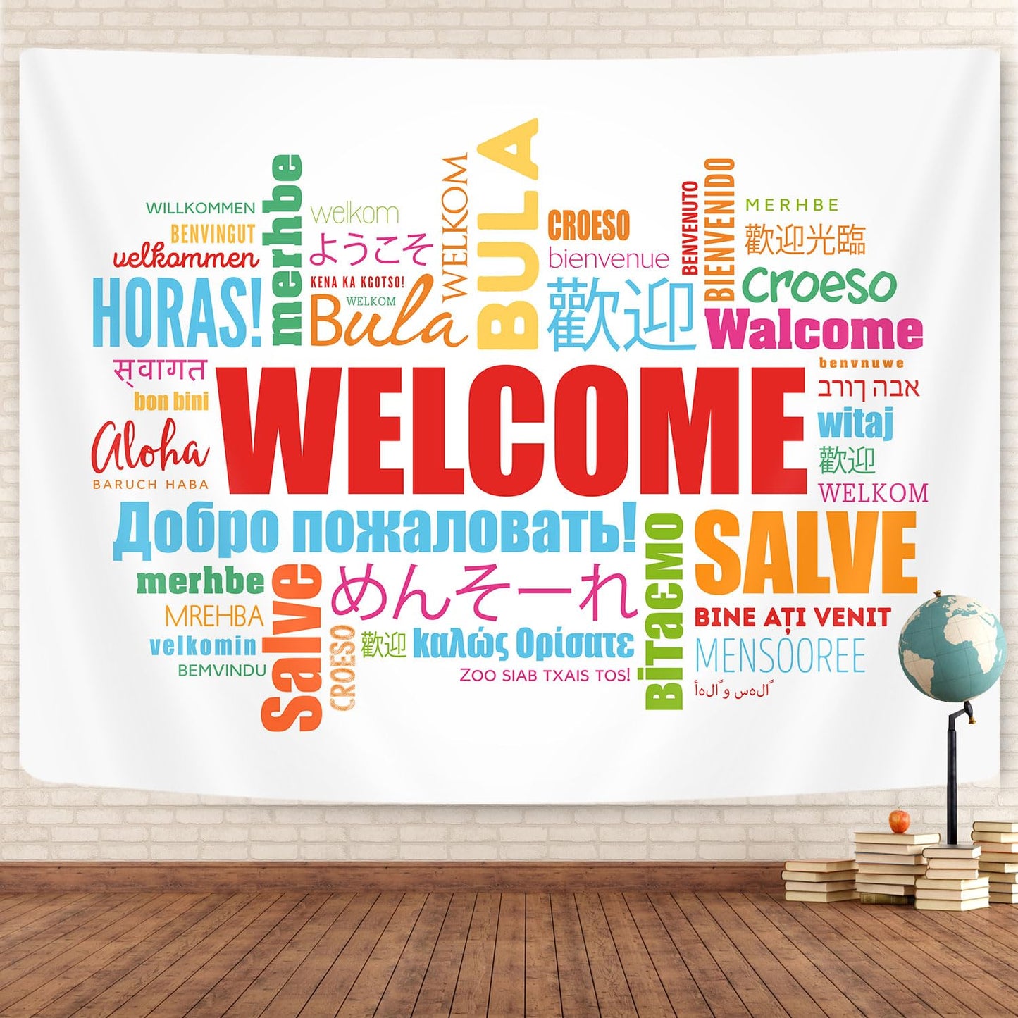 GOAOK Welcome Word in Different Languages Tapestry, Colourful Languages Multilingual Classroom Decor Aesthetic Tapestry Wall Hanging for Student Kids Decor Living Room Bedroom Dorm Playroom 60X40 In