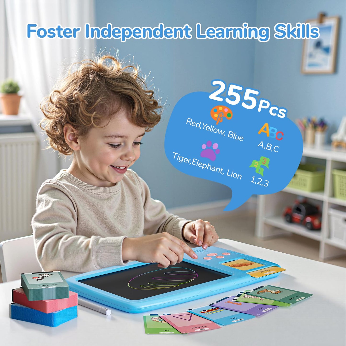 ZONSTVYS Talking Flash Cards for Toddlers: 2-in-1 LCD Writing Tablet with 510 Sight Words, Montessori Language Learning, Autism & Speech Therapy Toys for Children Ages 1-6, Blue