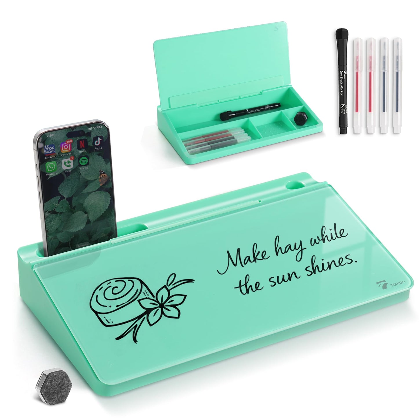 TOWON Small Compact Glass Desktop Whiteboard with Storage – 12 x 7 in Dry Erase Board for Desk, Home Office, School | Includes 5 Markers, Eraser & Holder | Space-Saving Organizer, Aesthetic Mint Green