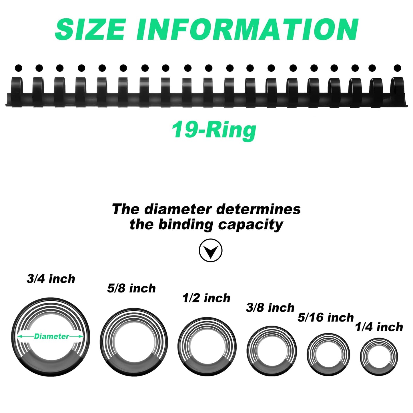 Yunsailing 150 Pack Plastic Binding Combs Plastic Binder Comb Ring 19 Ring Binding Spines Letter Size Spiral coils for Notebook Calendar(1/4 5/16 3/8 1/2 5/8 3/4 in,Black)