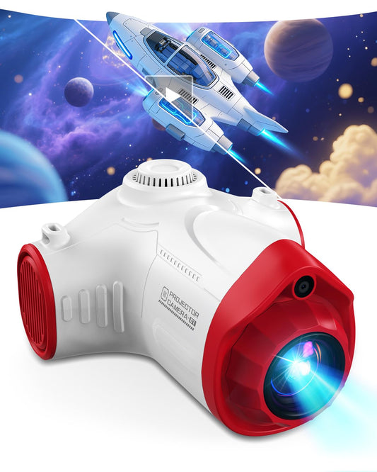 Kids Camera with Projector Spaceship 48MP HD Digital Camera for Kids 1080P Video Recorder Toy with 32GB SD Card & Tripod Outer Space Birthday for Boys Girls Age 3-12 (Red)