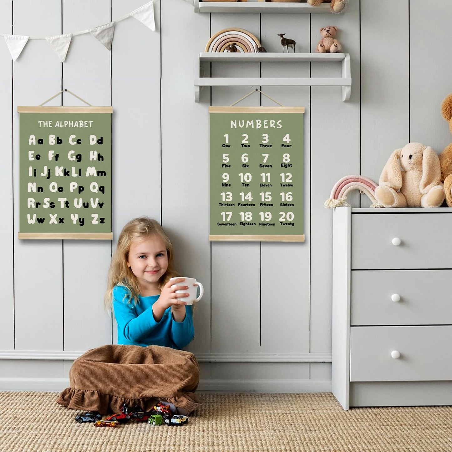 Alphabet and Numbers Chart Poster Set of 2, Alphabet Numbers Wall Art 14x18.5inch,ABC Banner Posters, Banner Wall Hanging Decor for Toddler Room Playroom Nursery Wall Classroom Decor (Olive Green ABC&123)