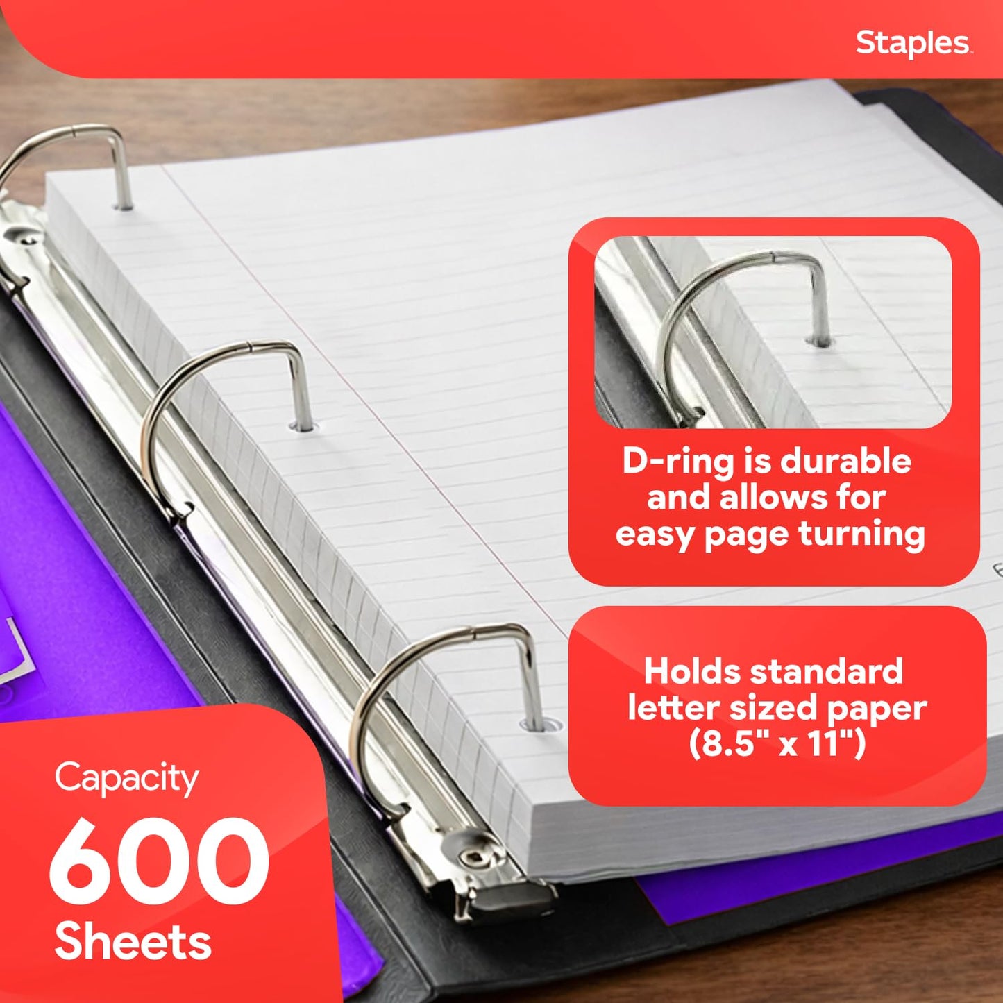 Staples Better 3-Inch D-Ring Binder, Purple – Heavy-Duty 3-Ring Binder for School & Office Storage