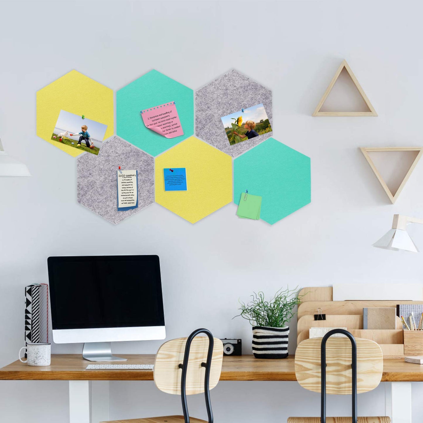 SEG Direct Hexagon Felt Bulletin Board, Large Felt Pin Board Self Adhesive Cork Board for Walls with Push Pins for Wall Office Home School Decor, 11.8 x 10.2 in, 5PCS(Gray/Teal/Yellow)