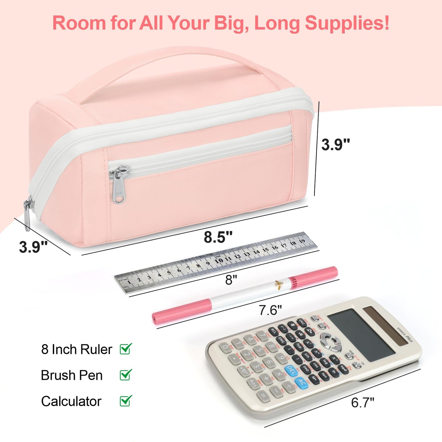 BrainyBees Large Capacity Pencil Case - Pencil Pouch for Teen Girls, Aesthetic Pouch Organizer with 8 Compartments, Wide Opening Marker Bag for Middle High School College, Fits Calculator, Pink