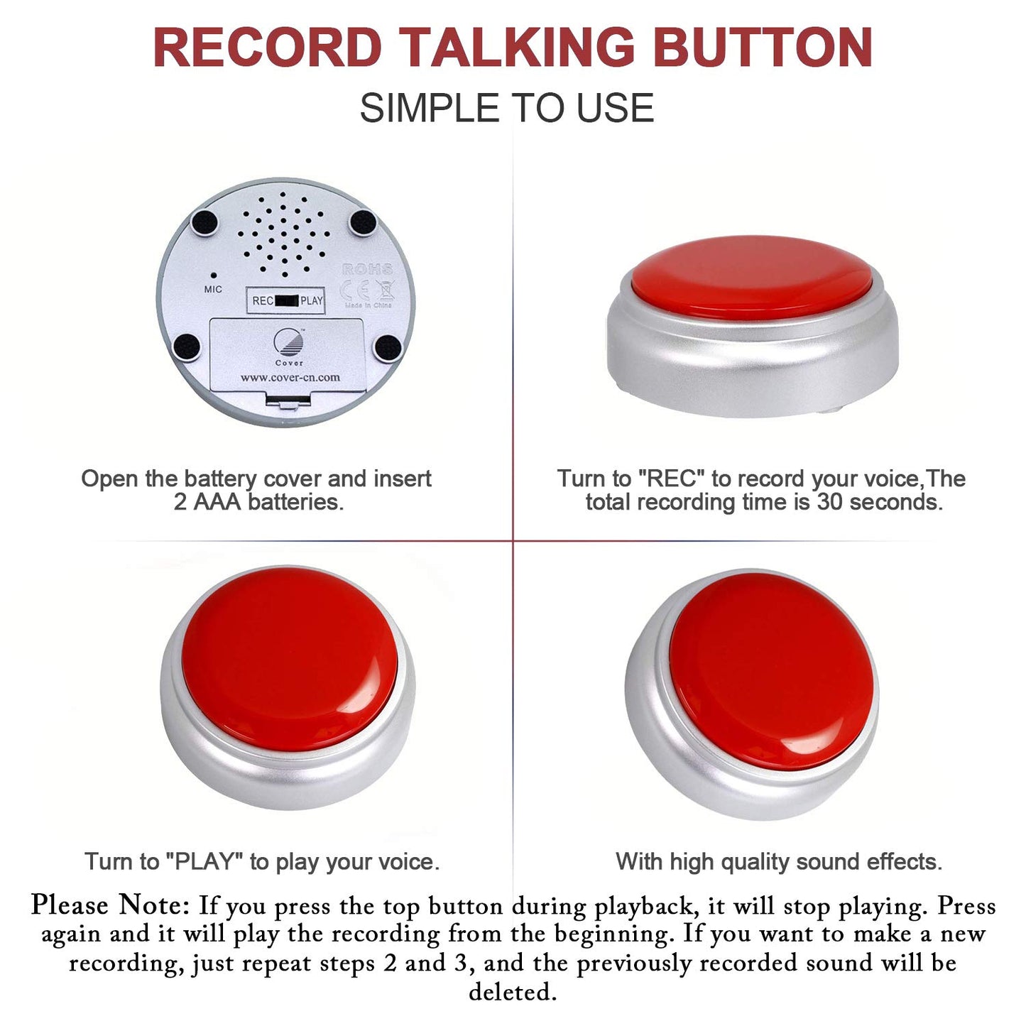 Cover 30 Seconds Answer Buzzers Recordable Talking Button Easy Button Record Button Toy Gift Answer Buzzers (RED+Silver)
