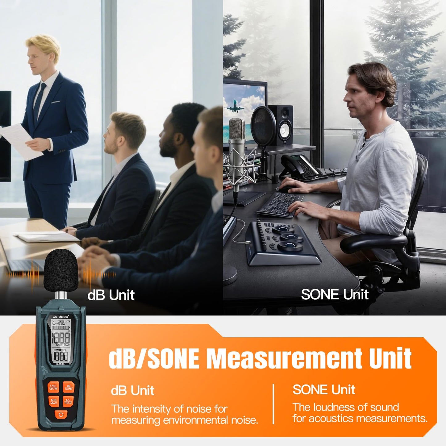 Decibel Meter, Goldeep SL750A Digital Sound Level Meter 30-130dB, A/C Weighted DB Meter with dB/SONE, Fast/Slow, MAX/MIN, LCD Sound Meter for Home, Office, Factory, Neighbor Noise - Vitality Orange
