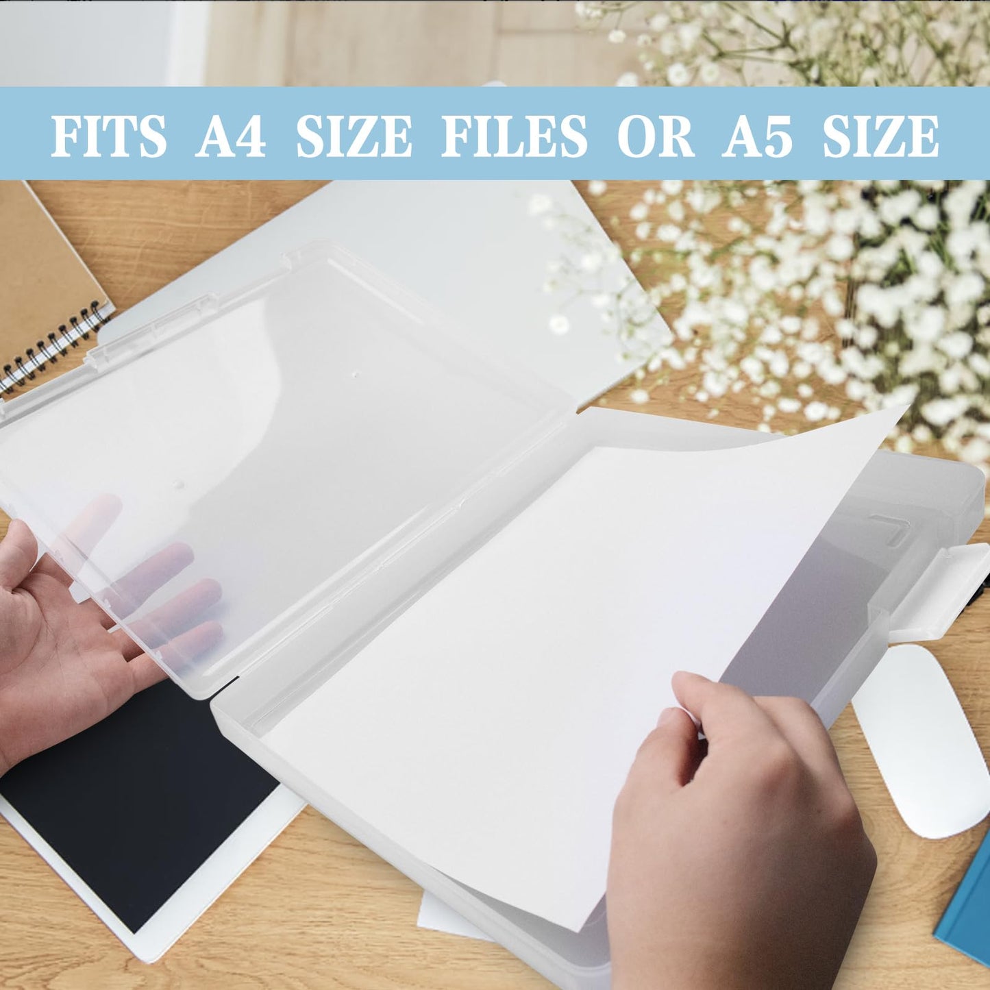 Olutacot 12 Pcs Clear A4 A5 File Box Document Plastic Storage Box with 48 Labels File Holder Organizer Box Paper Plastic Case Magazine Protector with Buckle Office School Supplies(White)