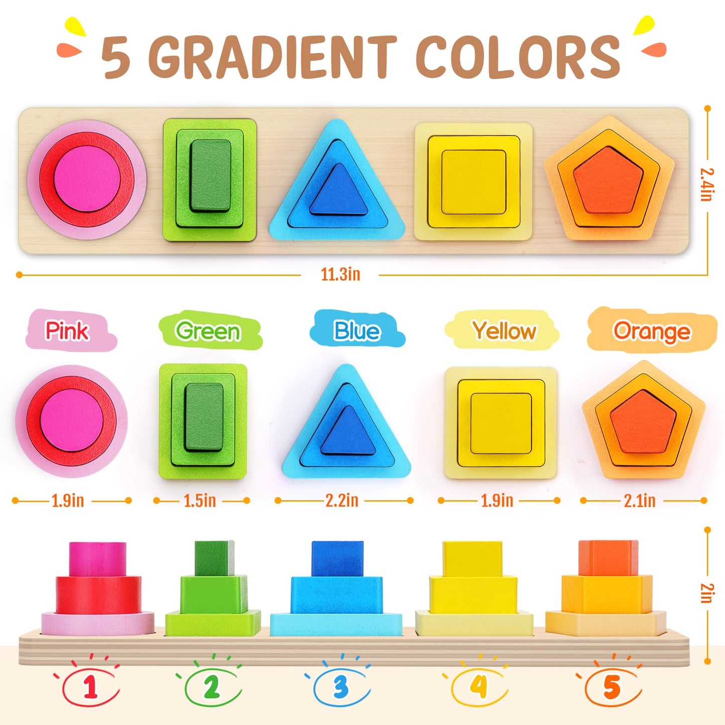 PEBIRA Montessori Toys for 1 2 3 Year Old Boys Girls Toddlers, Heightened Peg-Free Wooden Stacking Toys, Shape Sorter Learning Toy, Birthday Gift for Baby Kid Age 1-4 Preschool Toy, Various Game Play