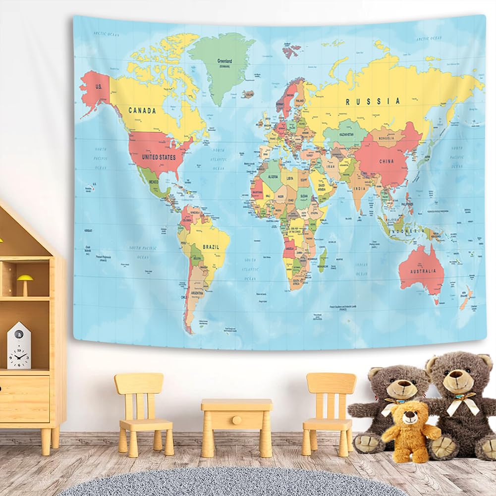 VeiVian World Map Tapestry, Asia Europe South City Topography America Africa Japan Poster Tapestries, Educational Kids Student Map of World Tapestry for Bedroom Living Room Home Office, 80X60in