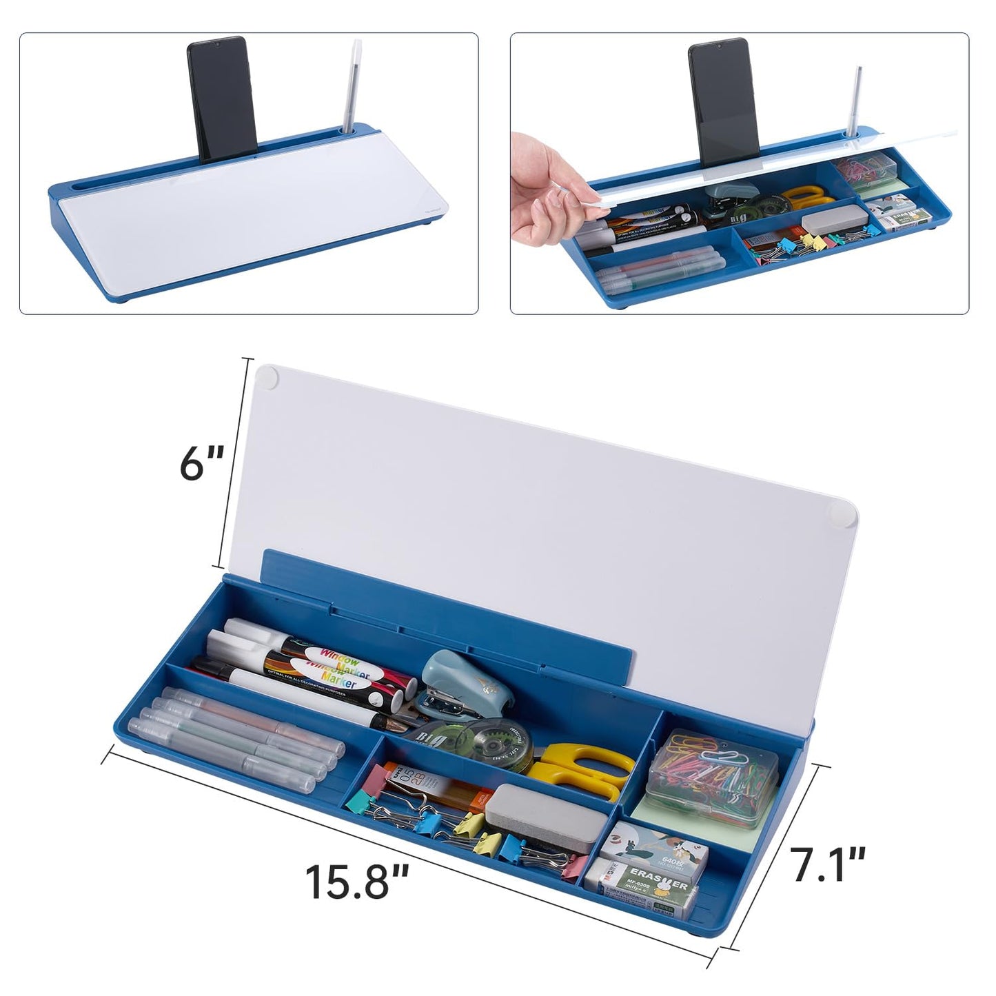 TSJ OFFICE Desktop Whiteboard Dry-Erase-Board - Computer Keyboard Stand White Board Surface Pad with Drawer, Desk Organizers with Accessories for Office, Home, School Supplies - Blue