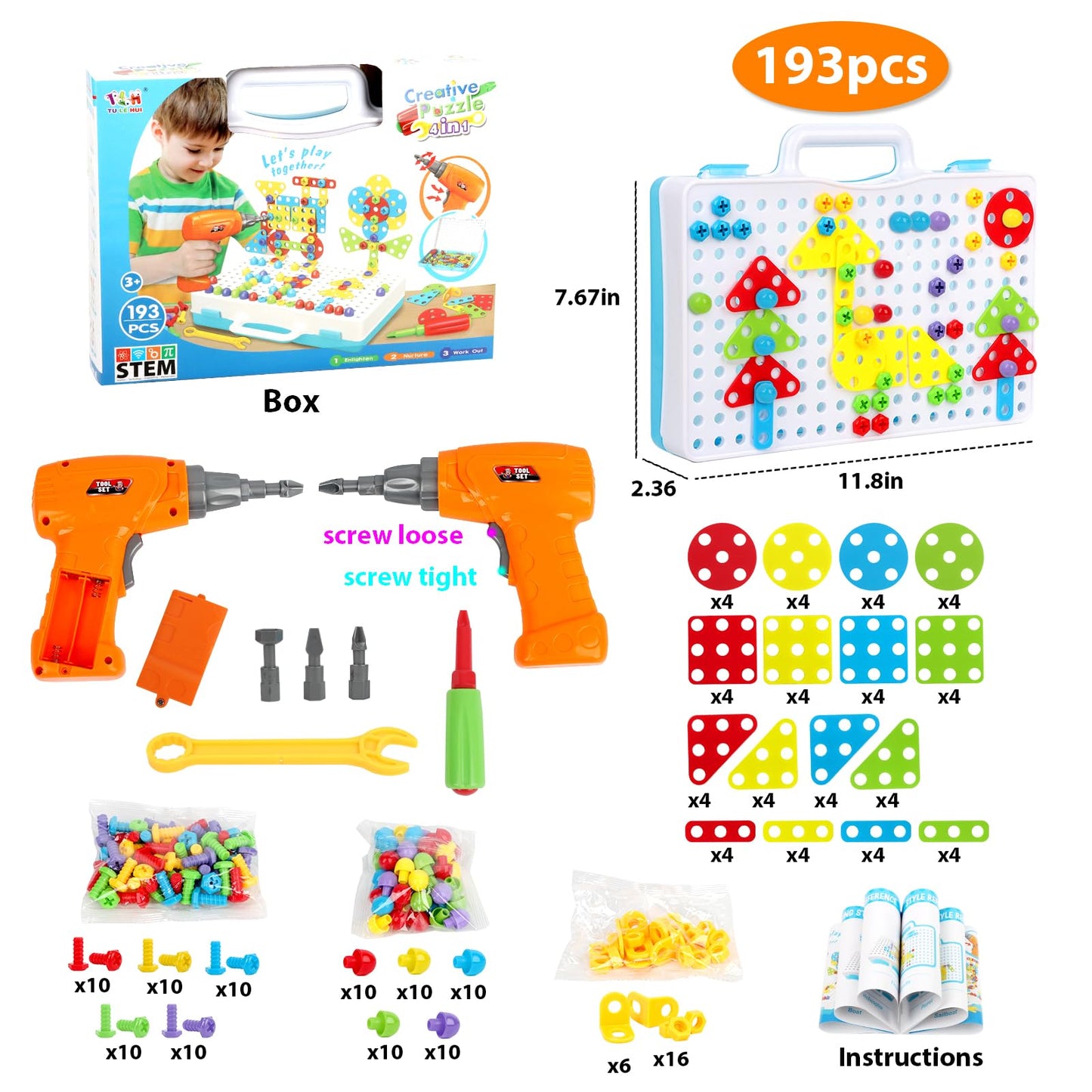 HAPTIME Design and Drill Toy,Educational Toys Building for Kids Ages 3-8,STEM Toys for 3 4 5 6 Year Old,193 Pcs Electric Drill Toy,Magic Montessori Play Toolbox for Toddler Boys Girls Preschool