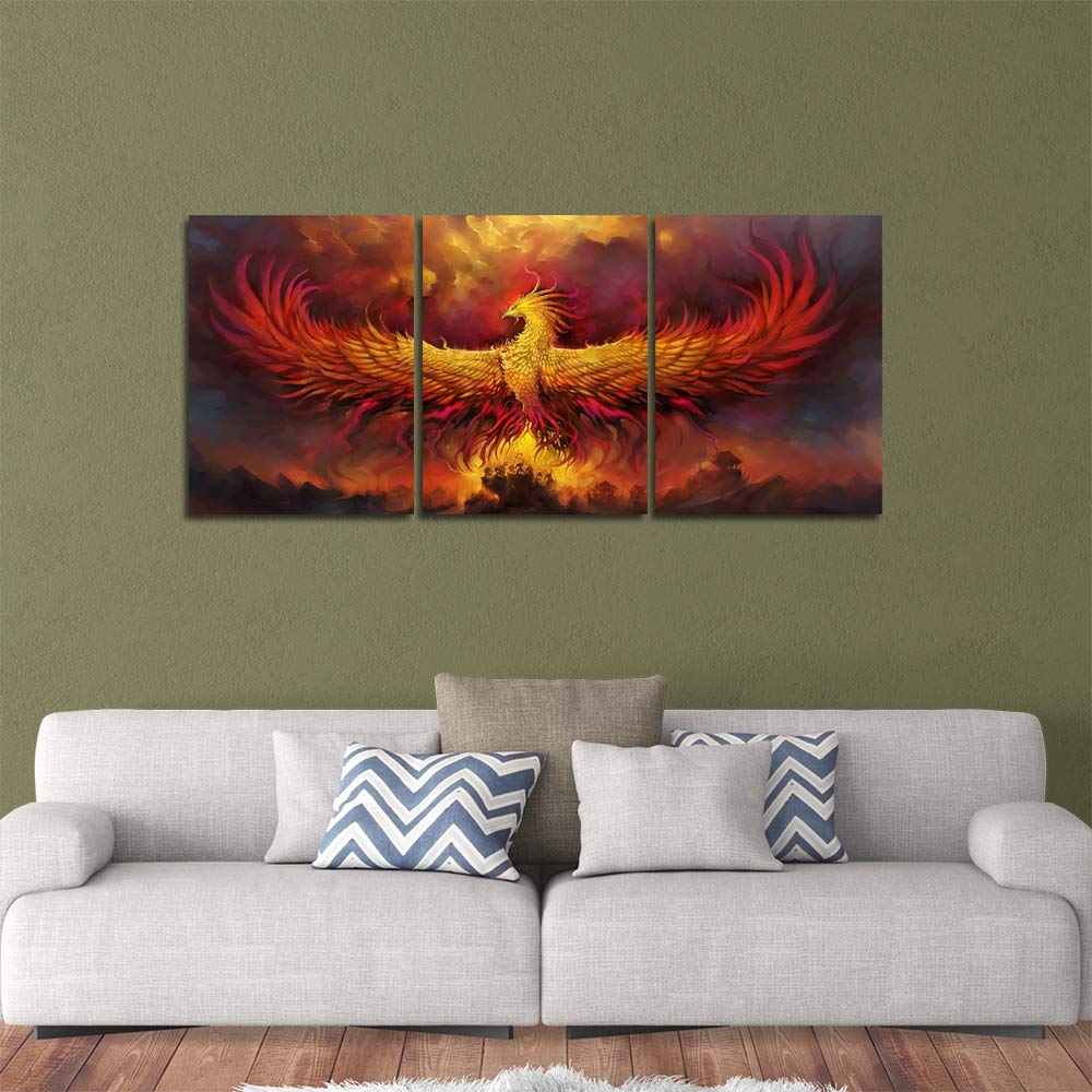 Fire Phoenix Wall Art Prints Volcanic Burning Phoenix Birds Canvas Picture Posters Prints Artwork 3 Piece Home Office Living Room Bedroom Decor Framed Ready to Hang - 36" W x 16" H