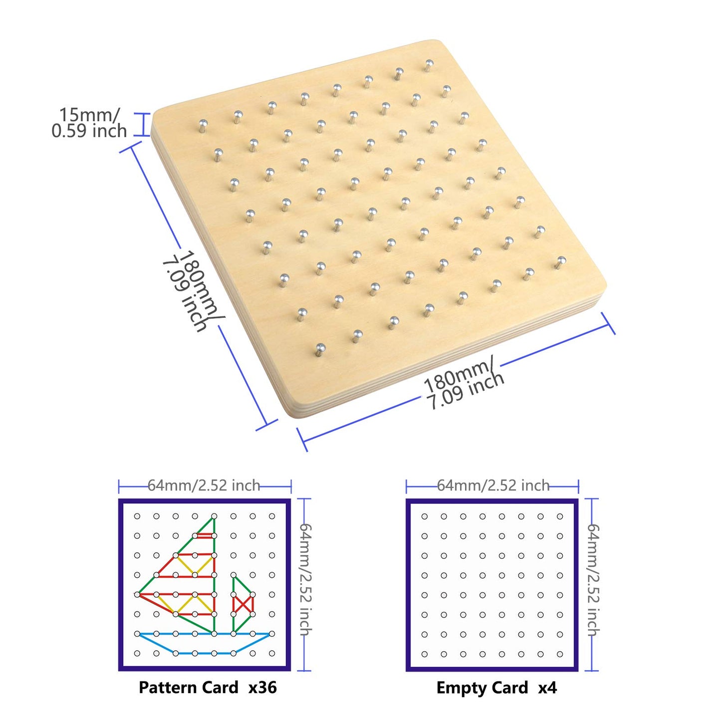 Thoth Montessori Wooden Geoboard Mathematical Manipulative Material Array Block Geo board with 36Pcs Pattern Cards and Rubber Bands Matrix 8x8 for Kids Graphical Educational Toys Early Development Toy