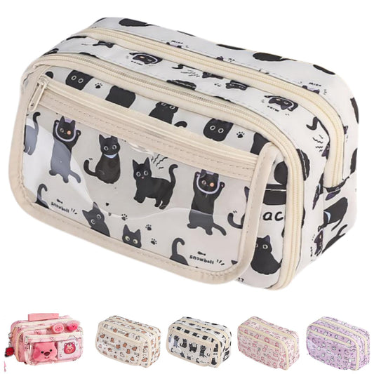 VTYFRY Cute Kawaii Pencil Case Pouch Cartoon Pen Box Holder Organizer for Office Workspace Supplies Desk Accessories Travel Essentials Aesthetic Trendy Cool Stuff Gift Large Capacity (Black Cat)