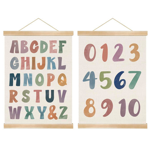 Alphabet and Number Wall Art Poster Set of 2,Toddler Learning Canvas Print Posters , Colourful Boho Educational Wall Decor for Preschool Classroom, Nursery, Playroom,Kids Room Decor 14x18.5Inch (ABC+123)