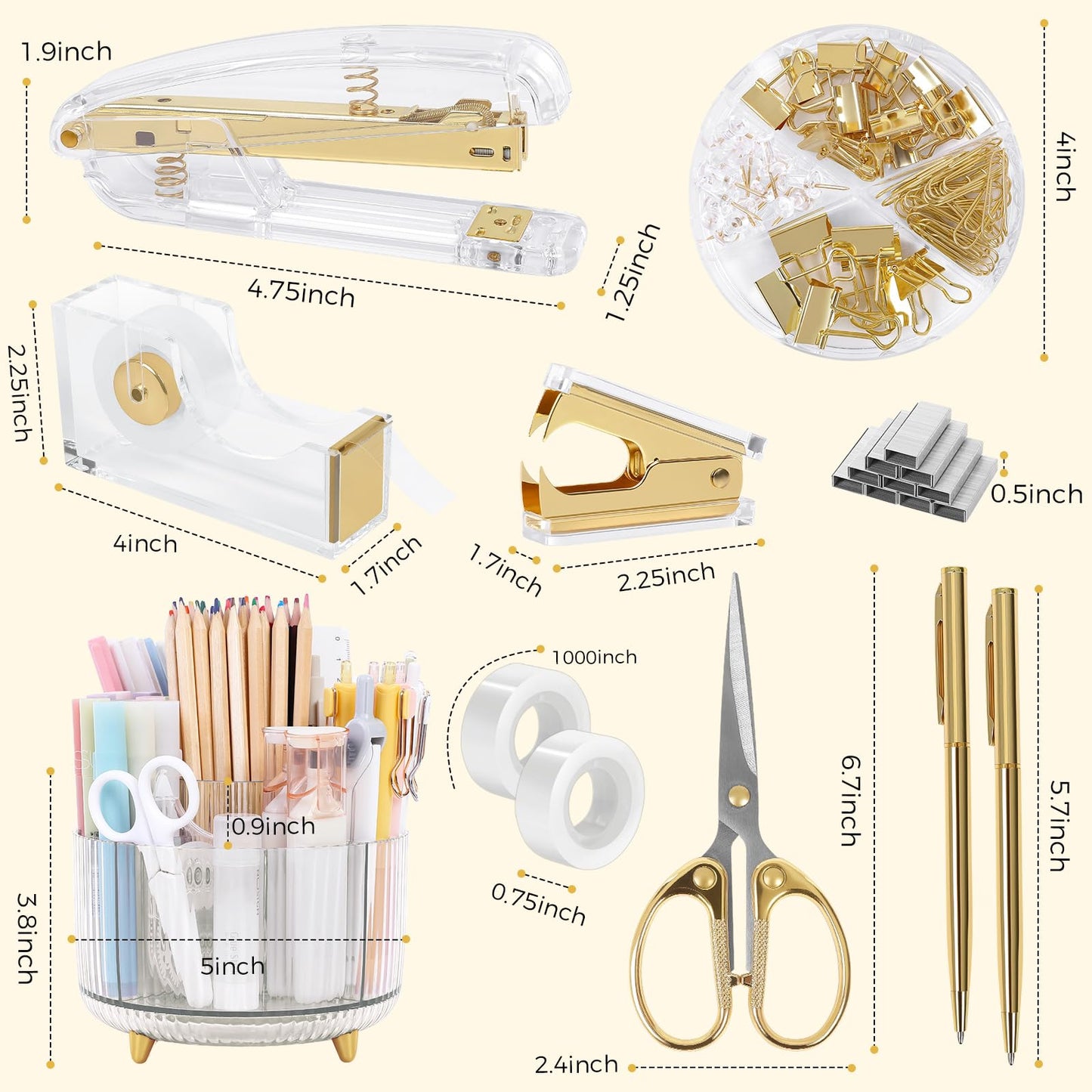 SKYDUE Gold Office Supplies Set, Pencil Holder for Desk,Gel Pen, Stapler, Tape Dispenser, Scissors,Clips and 1000pcs Staples, Office Decor for Women, Gold Desk Accessories