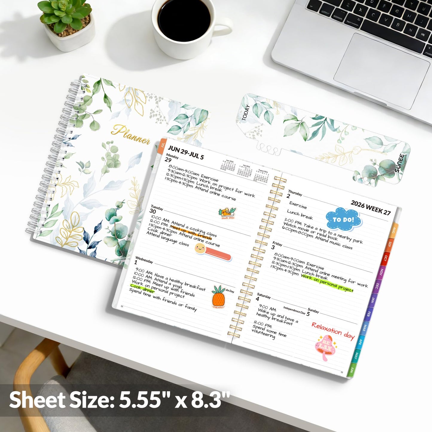 SUNEE Academic Planner 2026-2027 – Weekly & Monthly Planner, July 2026 to June 2027, 6.4"x8.3", Thick Paper, Tabs, Pockets, Bookmark, Spiral-Bound, Student Teacher Organizer, Greenery
