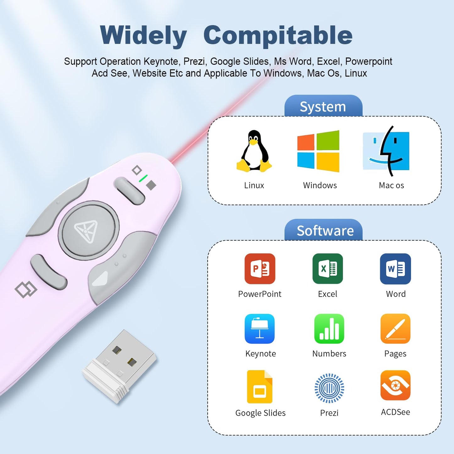QUI 2 Pack Wireless Presenter PowerPoint Clicker, RF 2.4GHz USB Presentation Clicker for Google Slides, Keynote, Mac, Windows (USB, Purple)