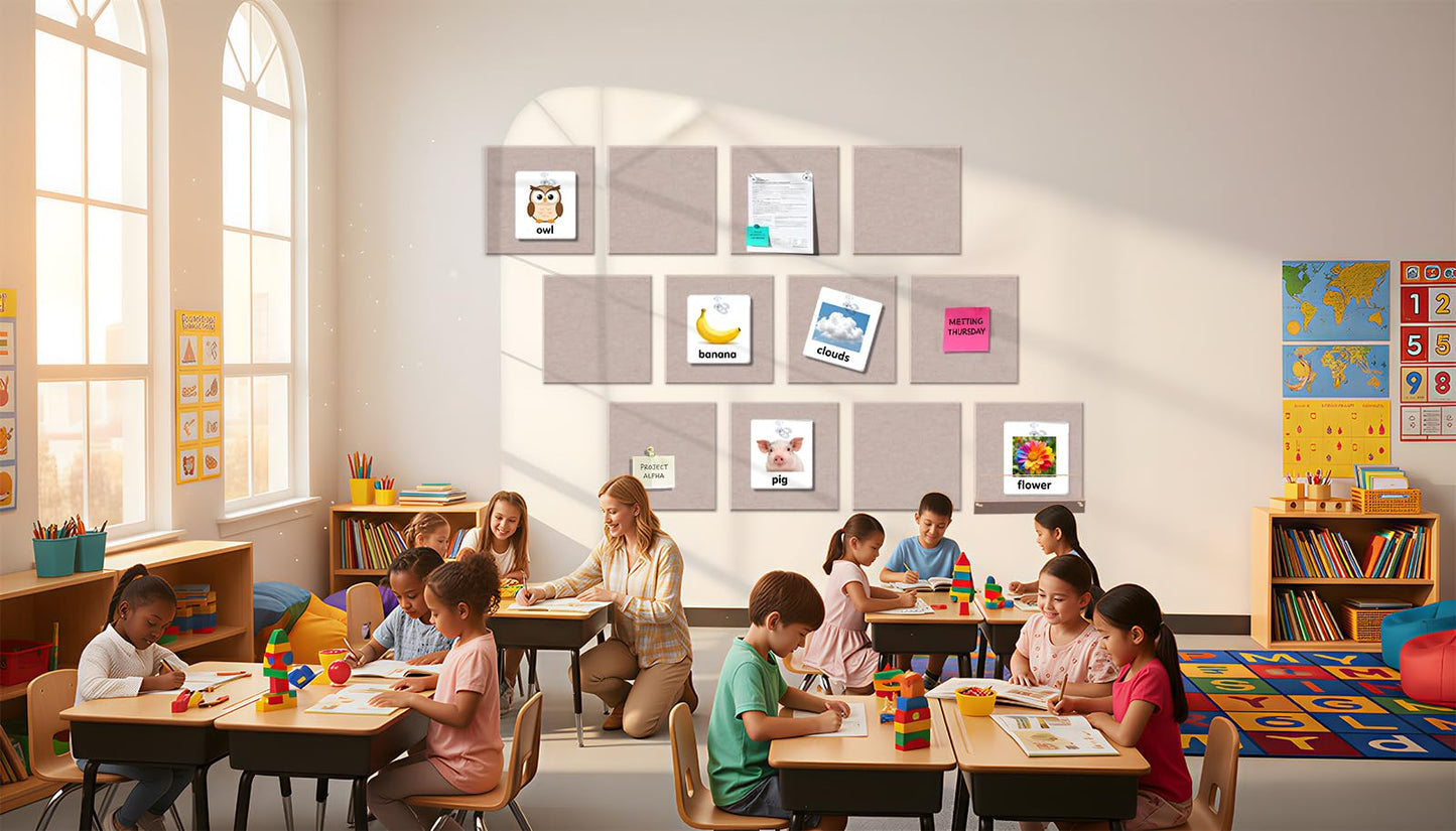 12 Pack Bulletin Boards 48" x 36" Alternative Cork Board for Office,Built-in Storage Device，Large Cork Boards for Walls ， Felt Wall Tiles, Contains Removable Security Stickers and PushPins (F-Beige)