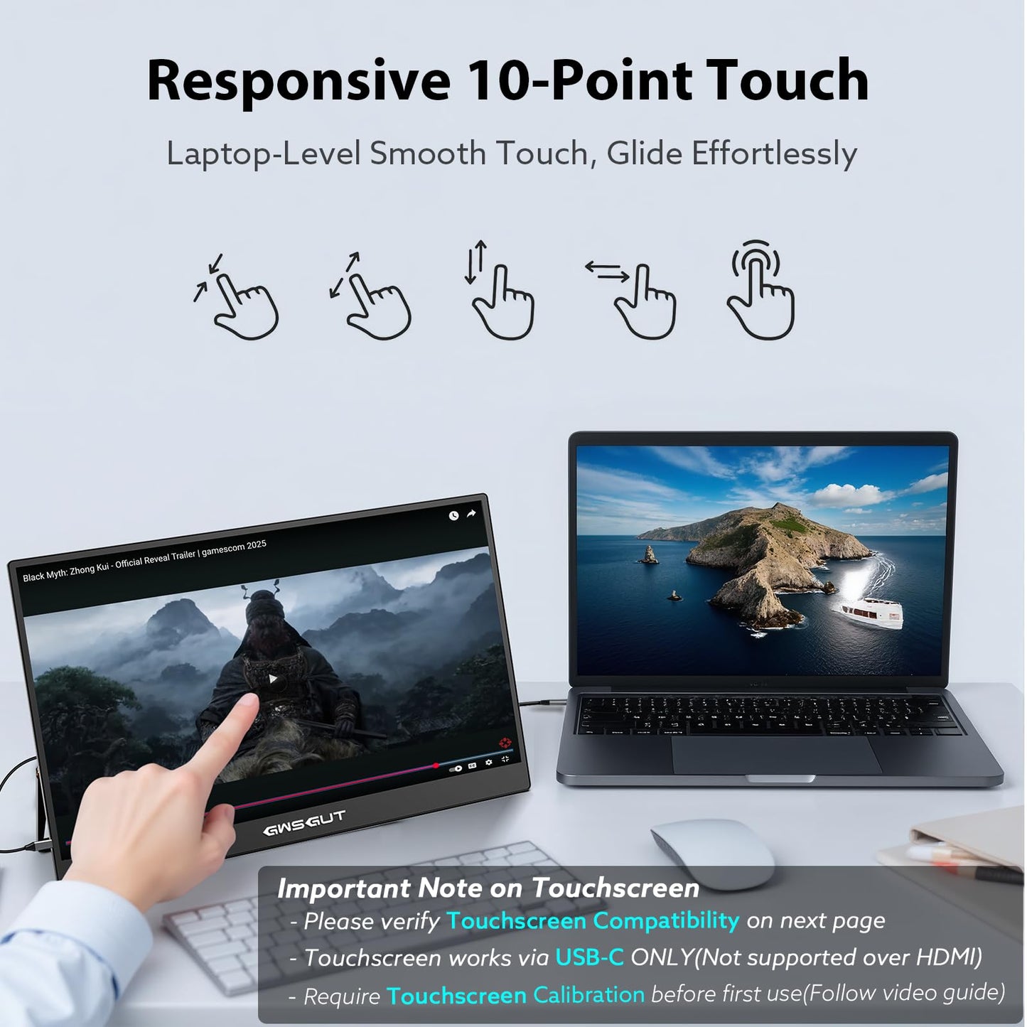 GWSGUT Portable Monitor Touchscreen 15.6'' FHD 1080P USB-C HDMI Ultra-Slim Gaming Display, Built-in Stand Speakers HDR IPS,for Laptop PC Mac Phone PS4/5 Travel Monitors (1080p Touchscreen, 15.6")