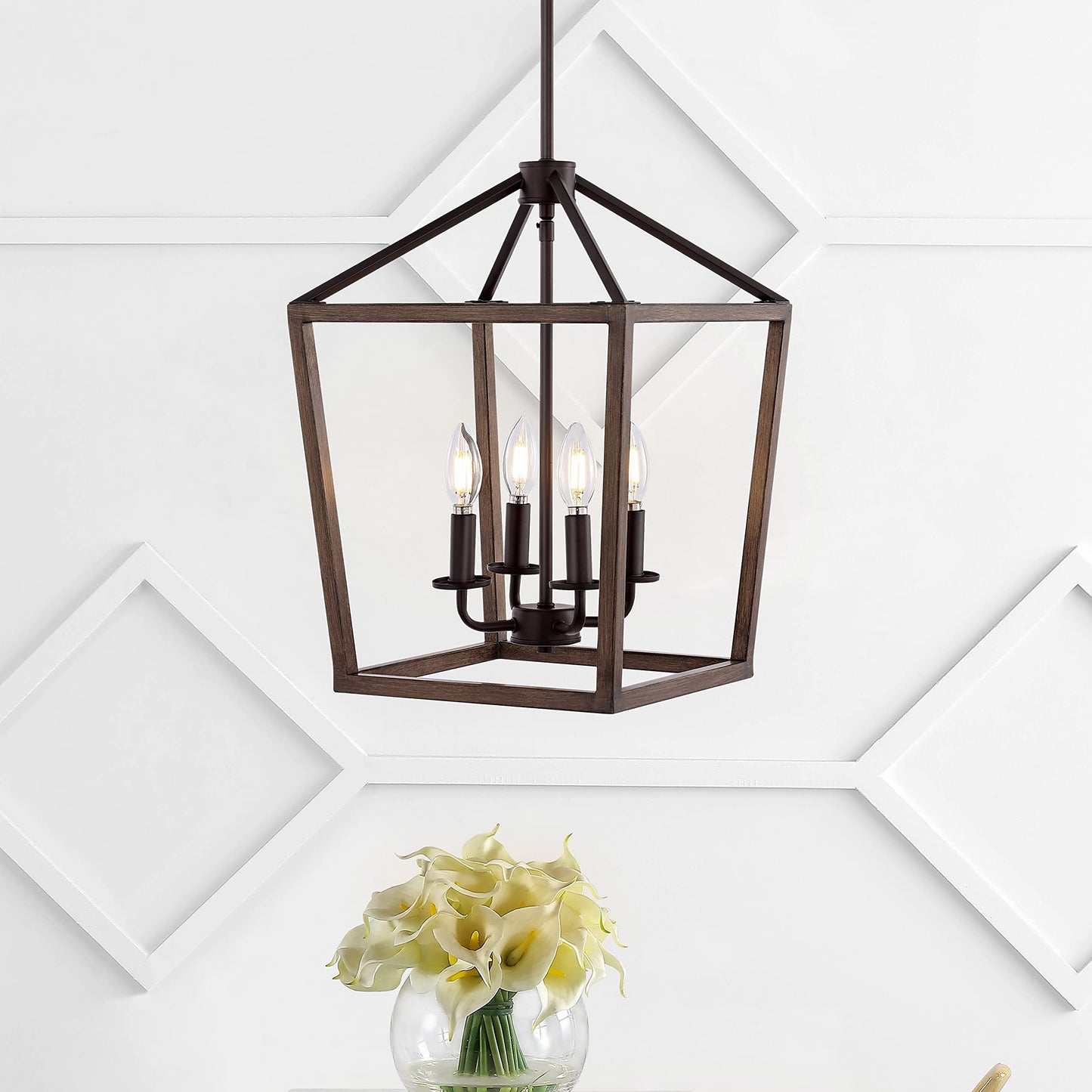 JONATHAN Y Pagoda 4-Light Iron Pendant, 13in Rustic, Bohemian, Faux Wood-Oil Rubbed Bronze, Model JYL1322A