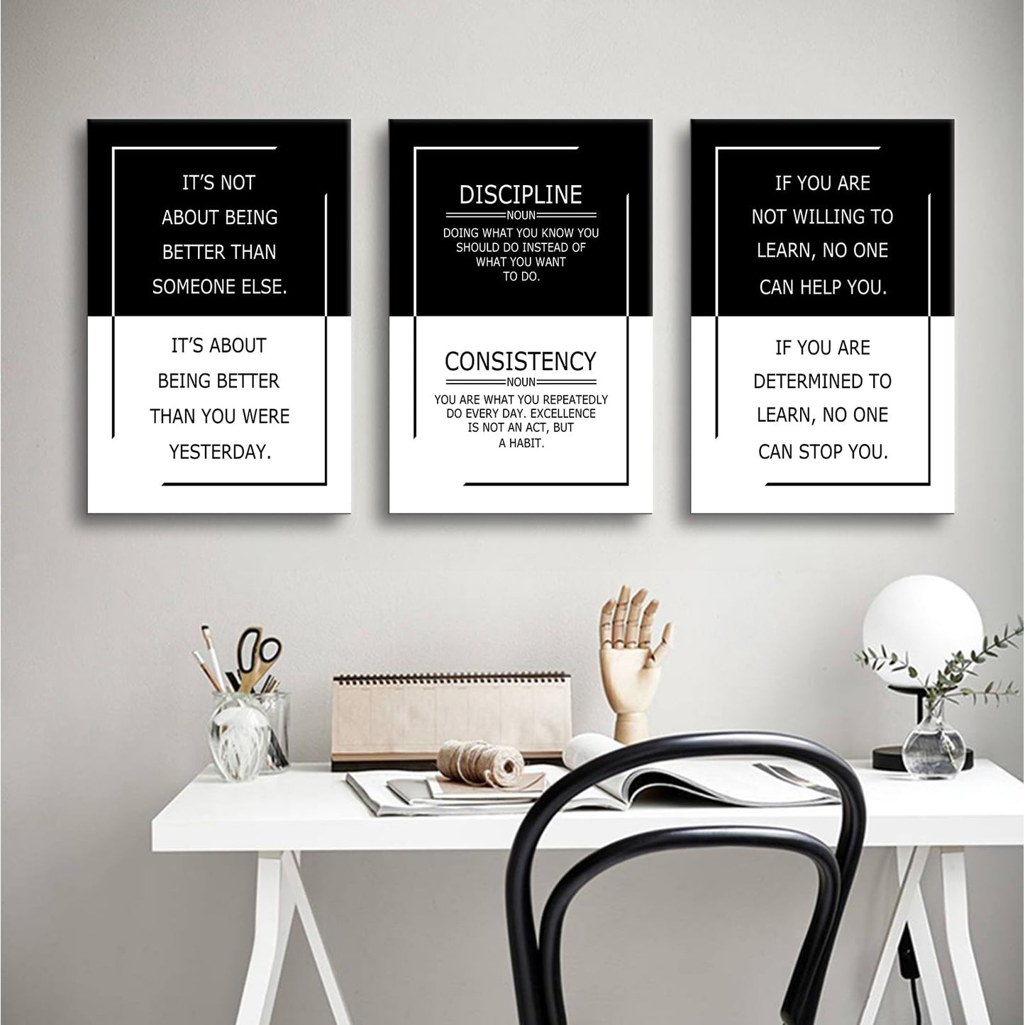YSPCSUN Inspirational Office Decor for Men 3 Panel Framed Wall Art Success Mindset Quote Painting Large Modern Typography Canvas Pictures for Study Room Gym 48x24 Inch