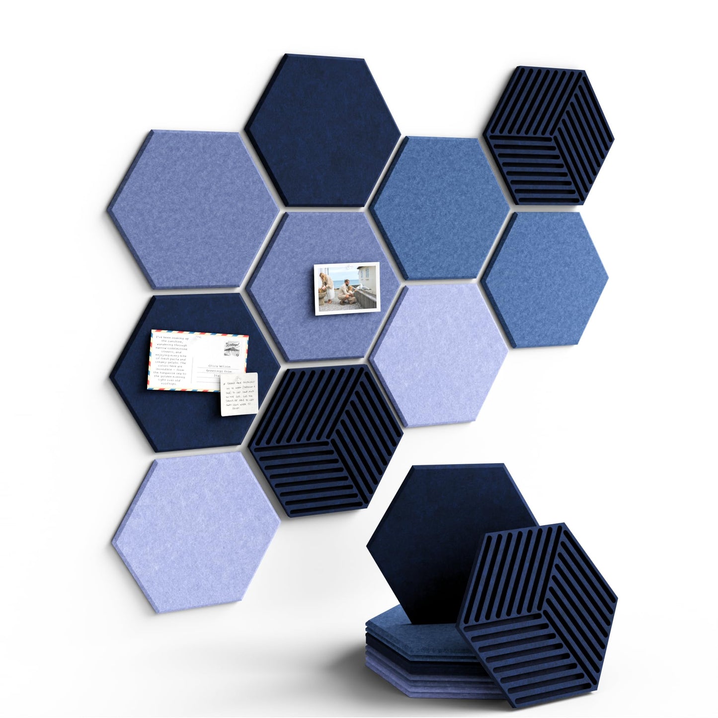 Fluxynara Hexagon Cork Board Alternative for Walls Decor-10-Pack Felt Bulletin Board Tiles,with 30 Pushpins,50 Adhesive Tabs for Office,Classrooms & Home Pin Board Felt Board-Denim Mist