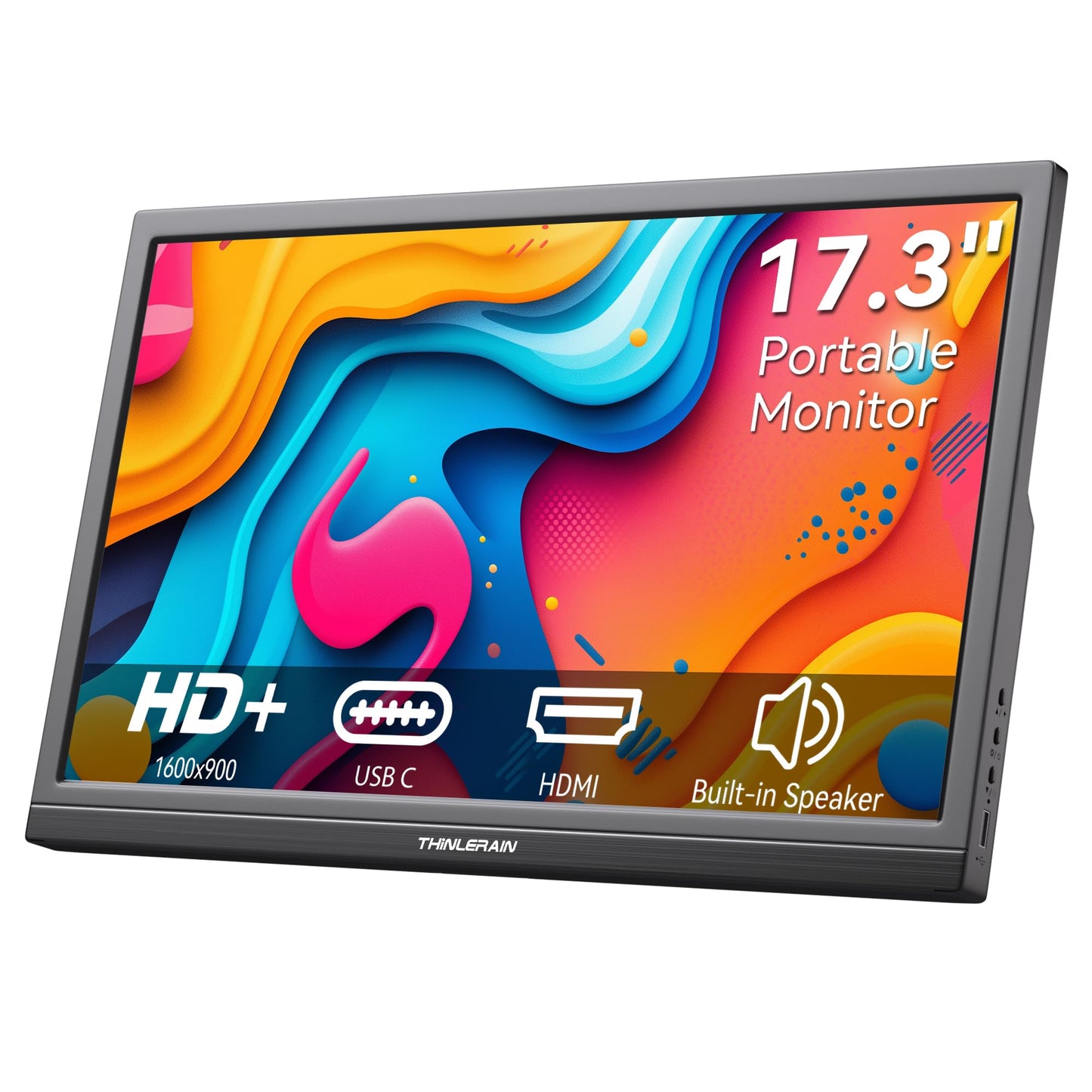 Thinlerian 17.3 Inch Portable Monitor 1600x900 HD Resolution with USB-C HDMI Dual Speakers, External Display Second Screen for Laptop PC Phone, Travel, Office