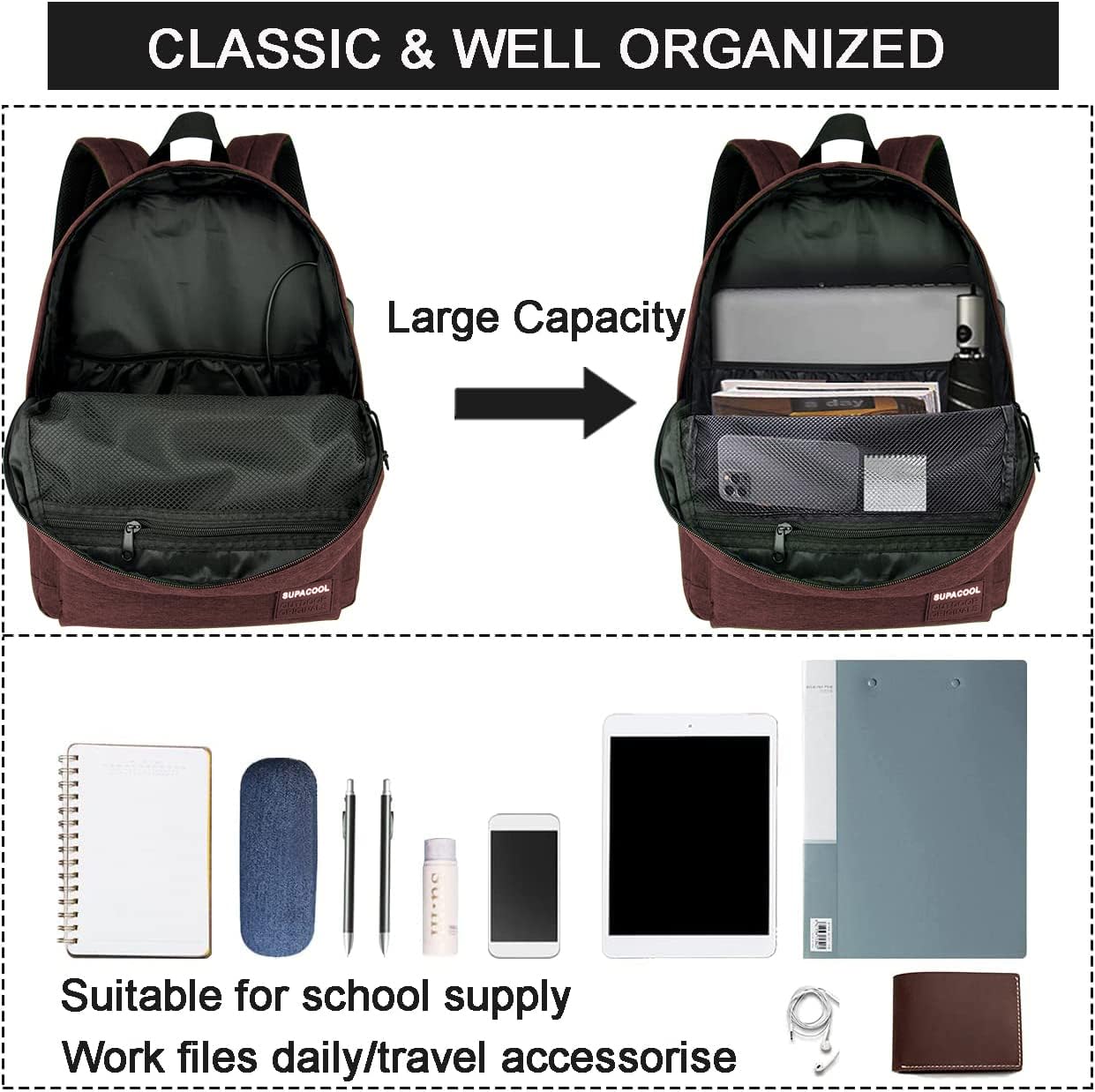 SUPACOOL Casual Laptop Backpack for Men and Women, Backpack with USB Charging Port(Coffee set)